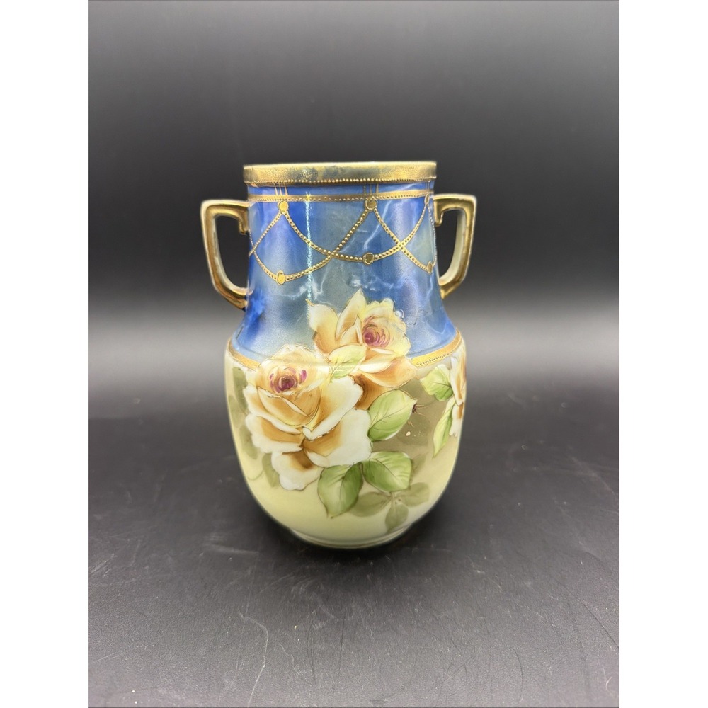 Antique Hand Painted Nippon Vase Cobalt Blue Roses Gold Gilt Double Handle 7"